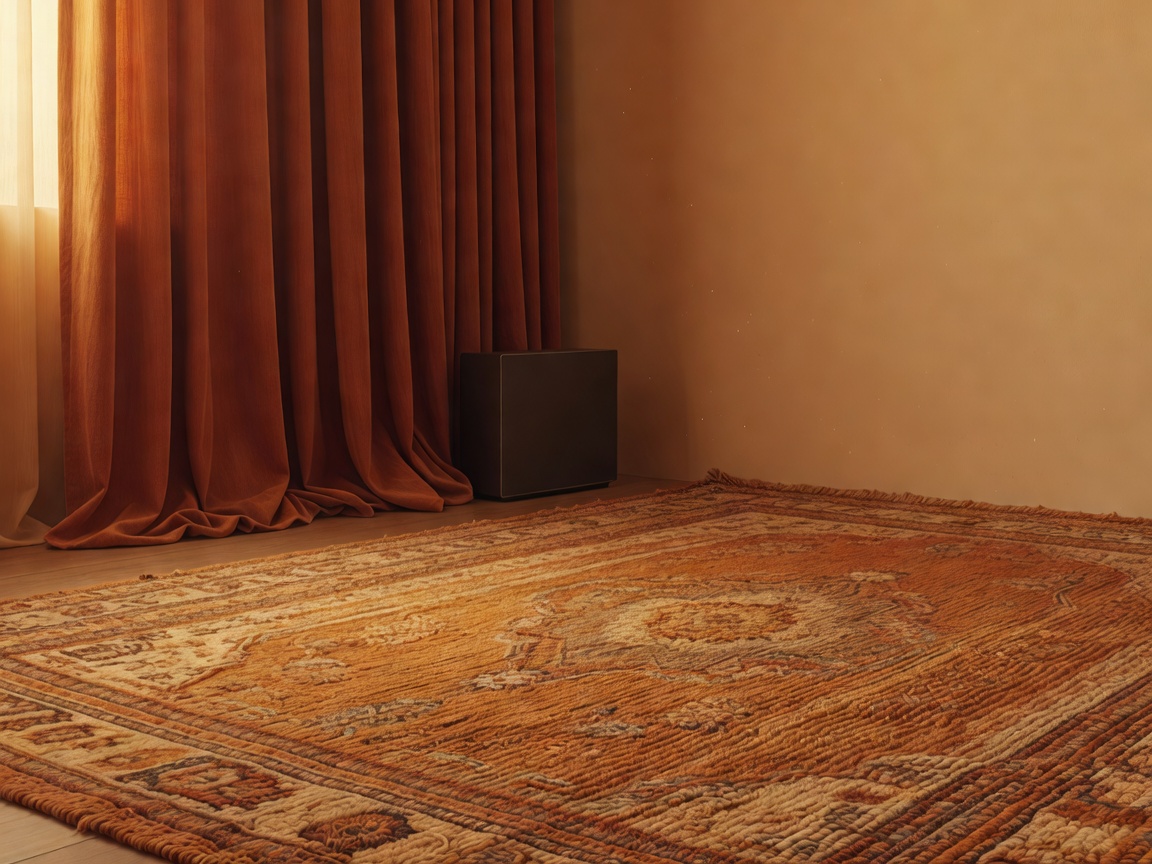 Warm room illustration with a discreet speaker beside full curtains and a textured rug