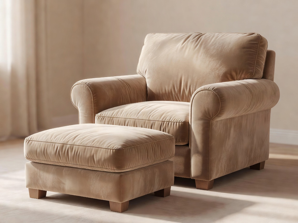 Soft-lit illustration of a supportive upholstered armchair with a separate footrest