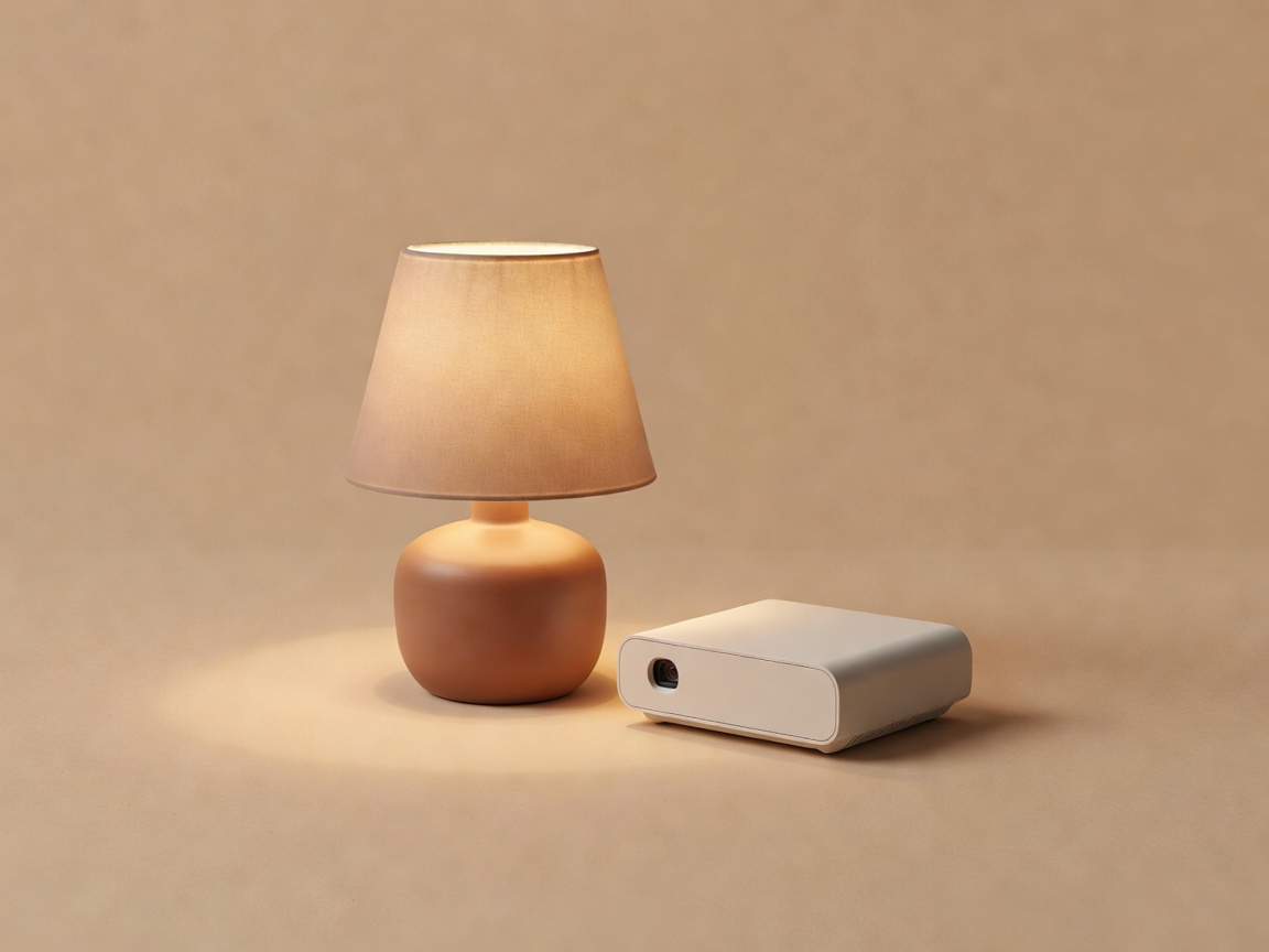 Soft-lit illustration of a warm table lamp beside a compact projector on a plain sand-colored surface