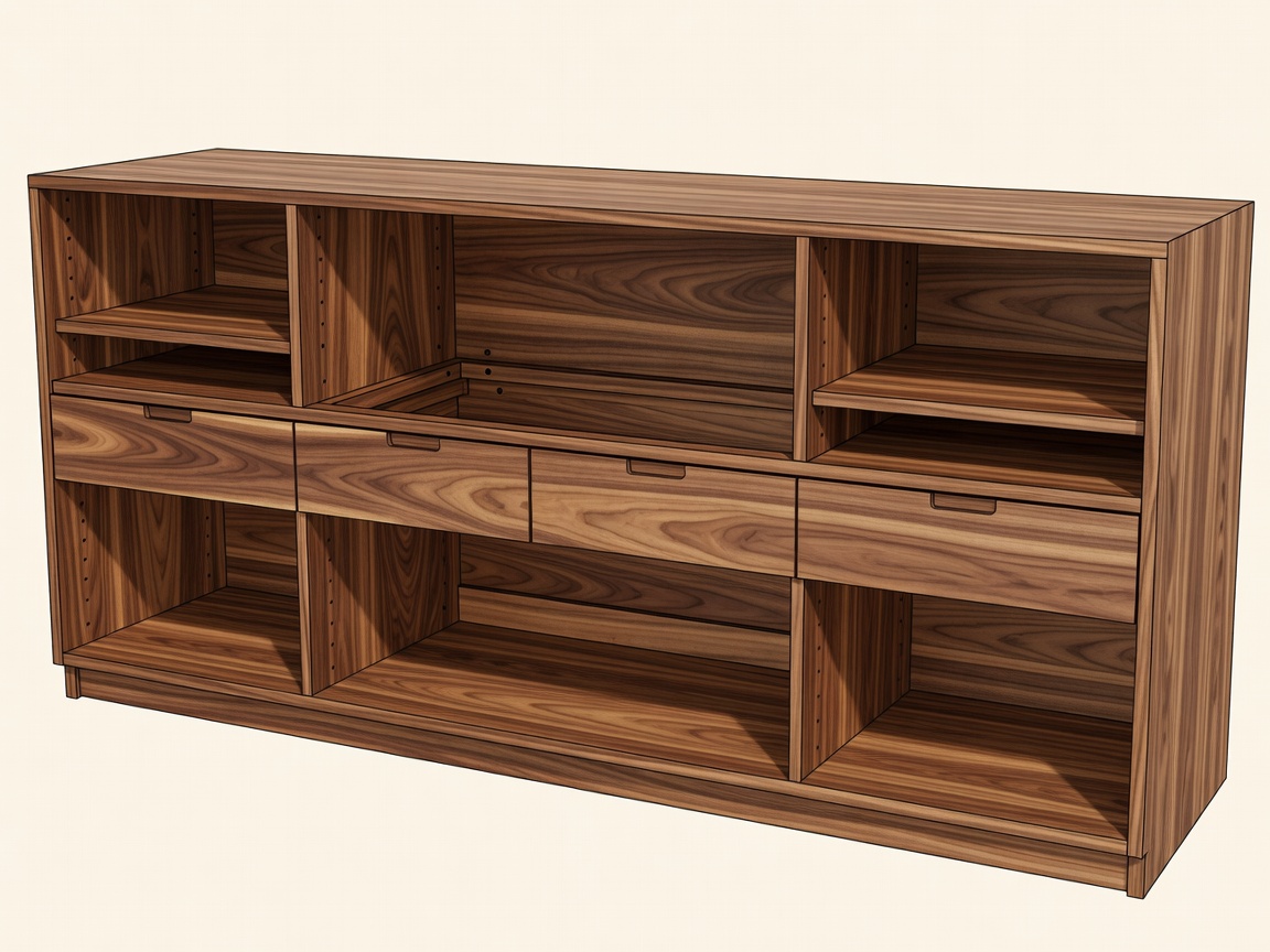 Illustrated walnut console with open equipment bays, drawers and a clear rear cable space
